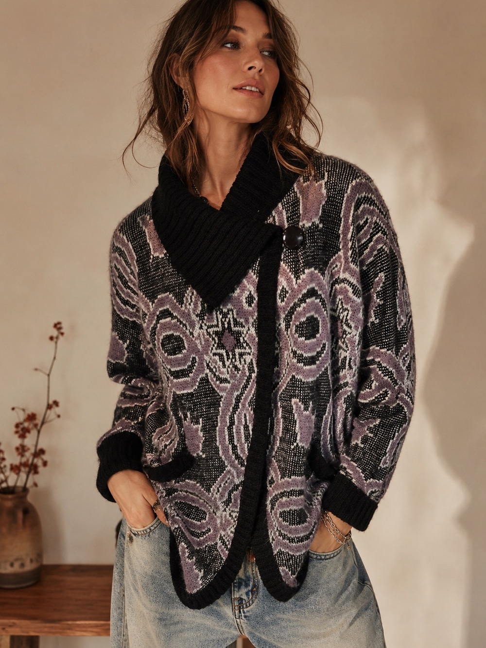 Vintage 80’s Biba Paris wool blend purple print cardigan size EU38 (US8/medium)